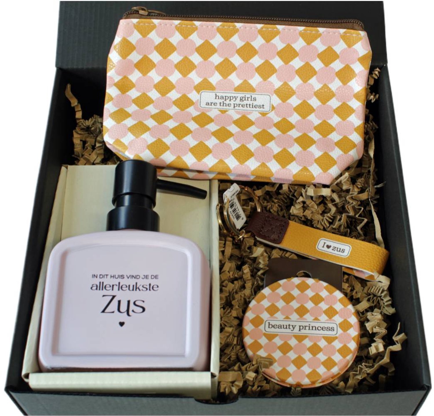 Cadeau voor Zus – Giftbox Voor de Allerleukste Zus – Zus Cadeau – Zeepdispenser, Tasorganizer, Tashanger & Spiegeltje – Miko Tasgenootjes