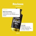 Zwarte Pure Energy Gel-verpakking met citroengele accenten, getoond met vijfsterrenrecensies op een gele achtergrond.