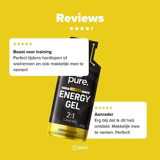 Zwarte Pure Energy Gel-verpakking met citroengele accenten, getoond met vijfsterrenrecensies op een gele achtergrond.