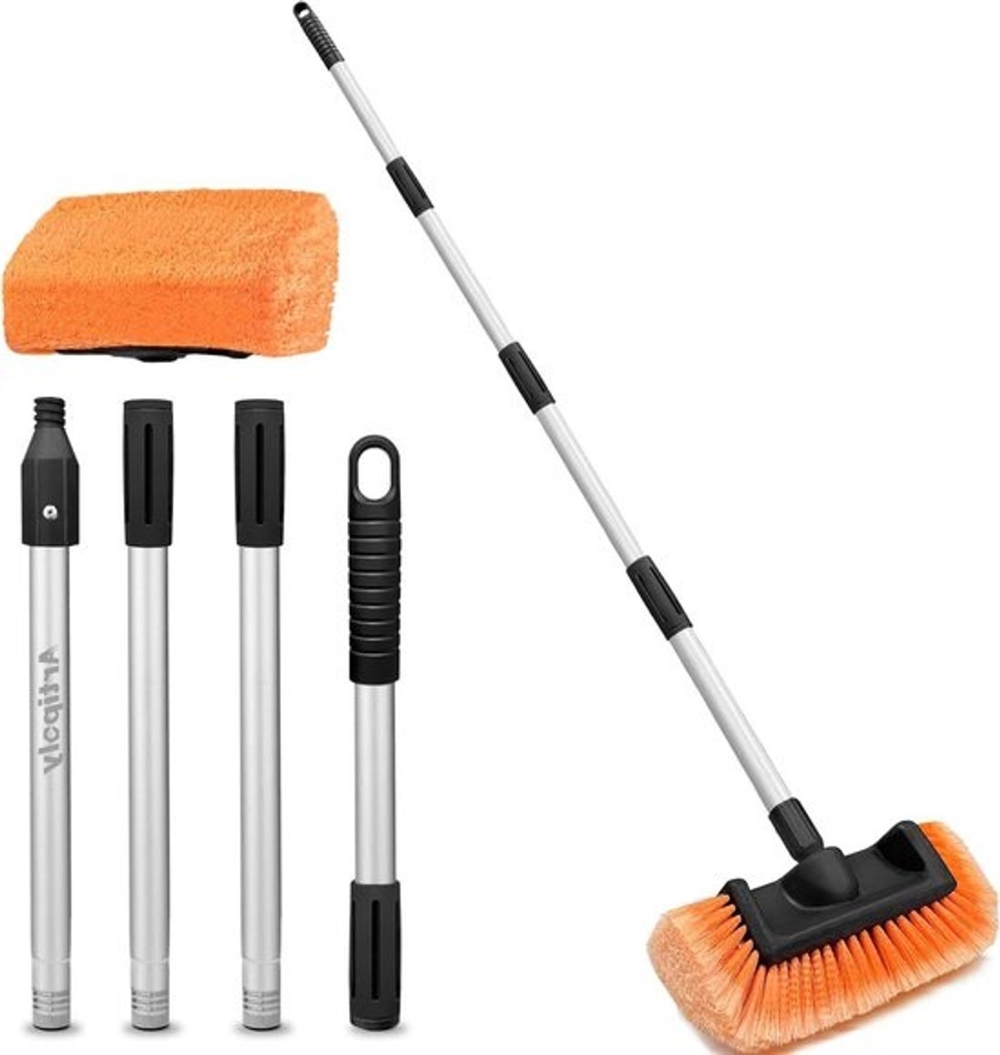 Verlengbare autowasborstel - Reinigingsborstel voor auto - Voor het reinigen van voertuigen - Zachte krasvrije borstels - 160 cm lang - Oranje