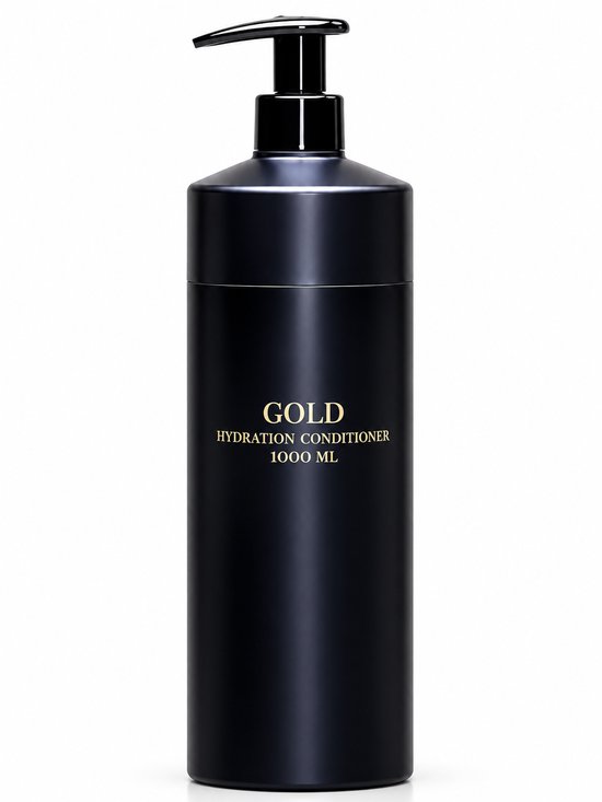 Zwarte fles met pompdispenser, 1000 ml GOLD Hydration Conditioner met gouden tekst op de voorzijde.