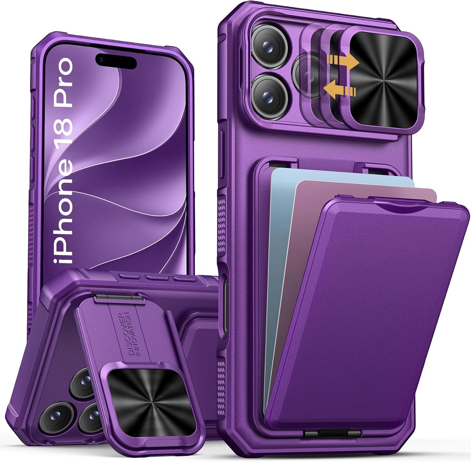 Zandarix Hoesje Geschikt voor Apple iPhone 18 Pro - Schuifbare Cameralens bescherming - Militaire Valbescherming - Kaarthouders - Back Cover Hoesje - Paars