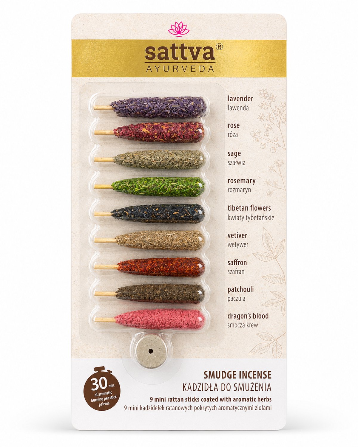 Smudge wierook, 9 ministokjes, Sattva Ayurveda, 9 x 30 minuten brandtijd