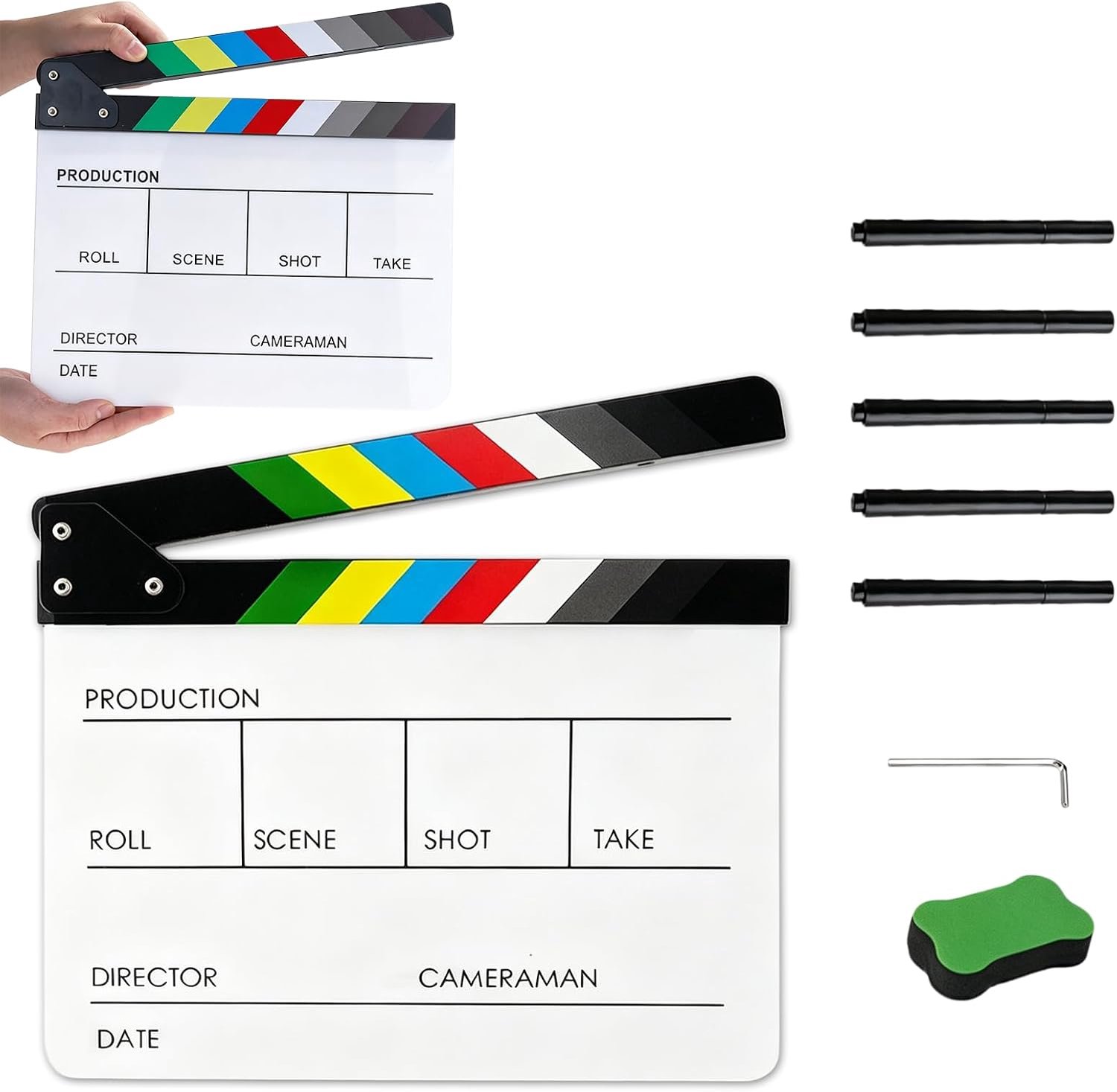 Clapper Board, filmklep met magnetische bordgum en pennen, scène acryl filmklep, regisseurklep clapperboard voor film, tv-serie, shoot rekwisieten (wit)