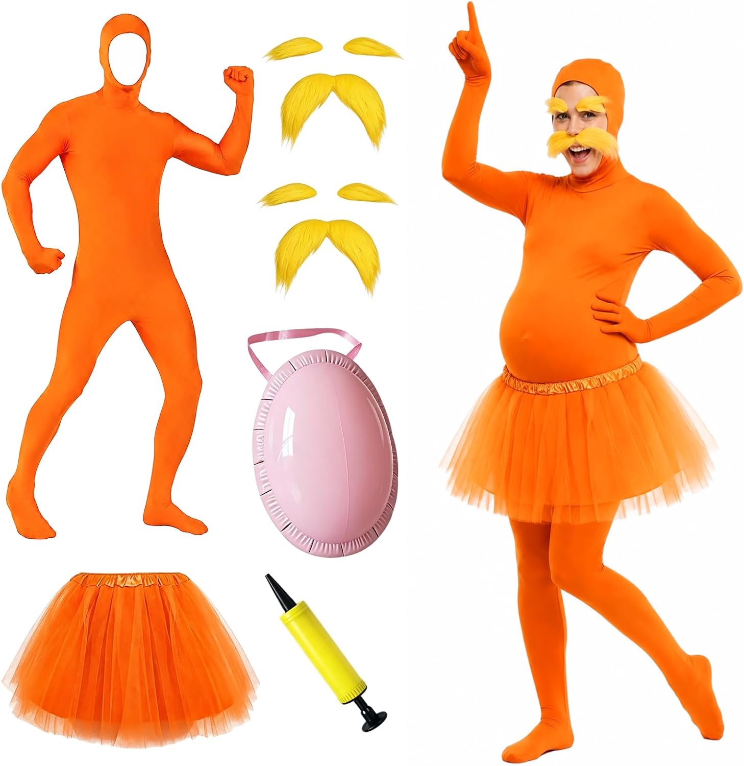 Kostuum voor volwassenen, open gezicht, bodysuit, oranje full-body bodysuit, oranje, met opblaasbare buik, baard, wenkbrauwen, luchtpomp, groen scherm, pak voor Halloween, carnaval