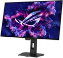 Gamingmonitor op standaard met een kleurrijk ROG-logo op het scherm en een rood ROG-icoon op de voet.