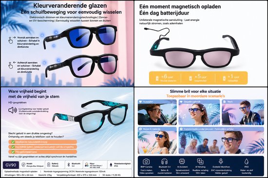 AI Smart Glasses – Elektronisch Kleurveranderende Zonnebril – AI Vertaling – Bluetooth 5.4 – Handsfree Bellen & Muziek – Touch Control – Magnetisch Opladen – Zwart — afbeelding 4