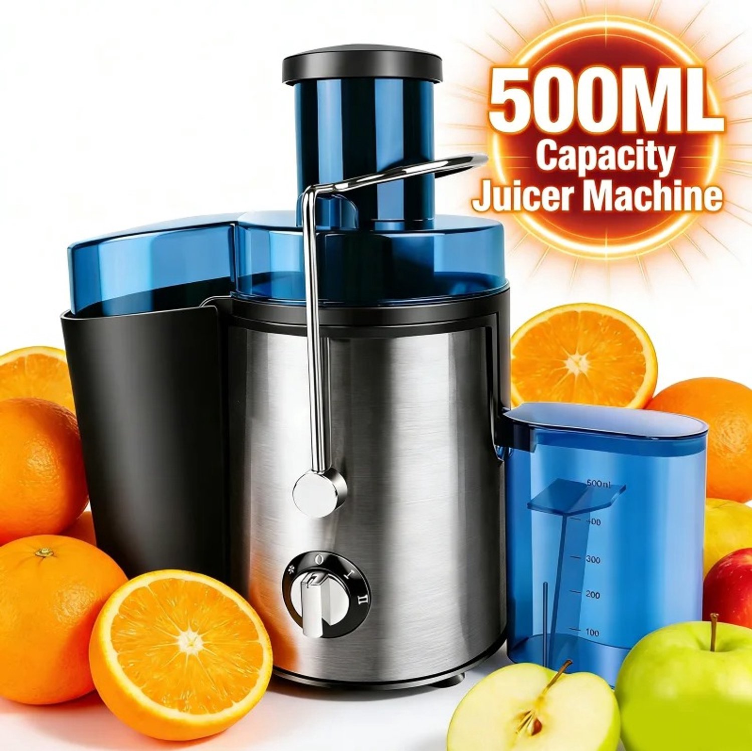 Heidat Sapcentrifuge - Juicer en sapmaker voor groente en fruit – 2 Snelheden – 65 mm Brede Vulopening – 500 ml Sapbeker – 400 W - RVS – Zilver