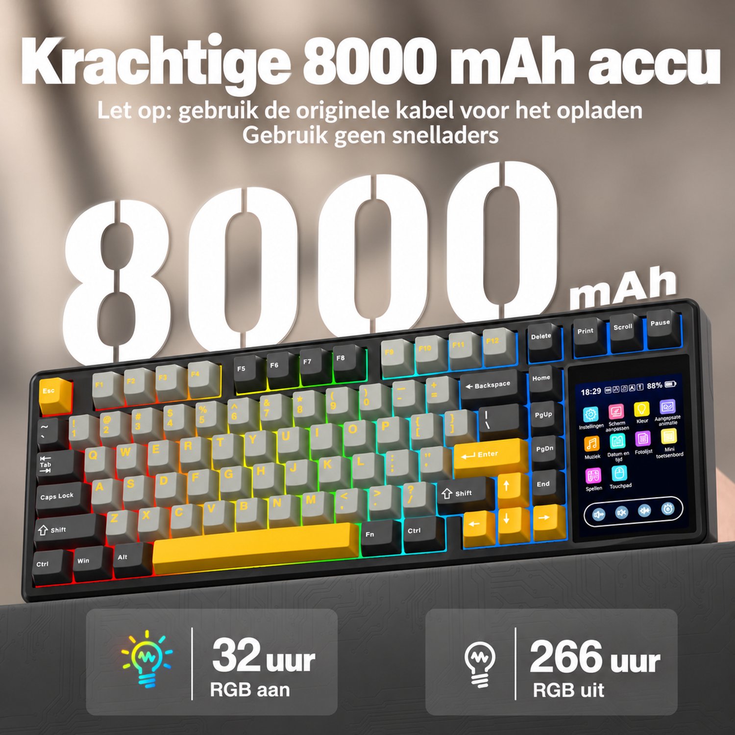 EPOMAKER x AULA L99 - Grijs / Geel - Mechanisch Gaming Toetsenbord – 96% Layout – Groot LCD Display – RGB – Tri-Mode – Hot-Swappable – Draadloos & Bedraad thumbnail 2