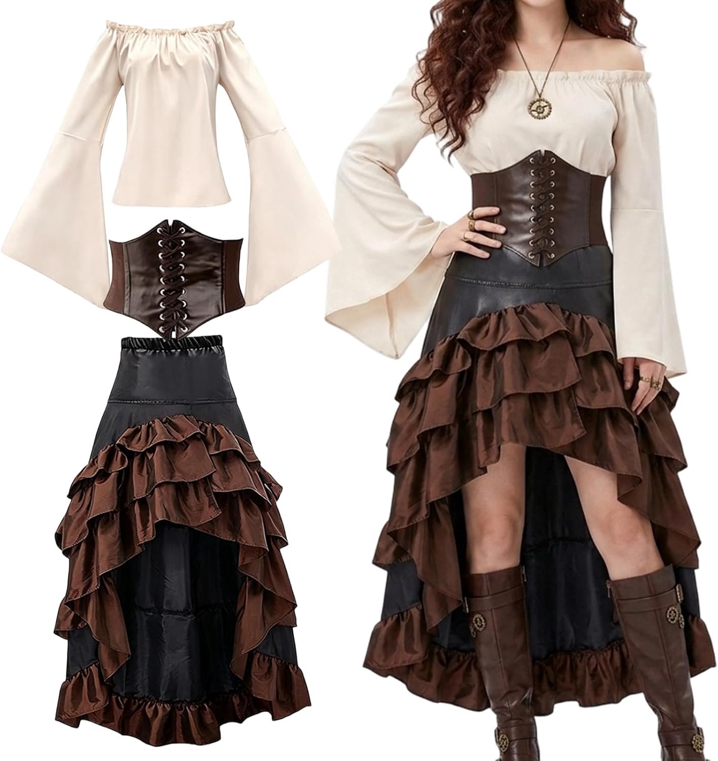 Piratenkostuum voor dames, middeleeuwse jurk met korset, bovendeel rok, elastisch carnavalskostuum voor Halloween, carnaval, cosplay