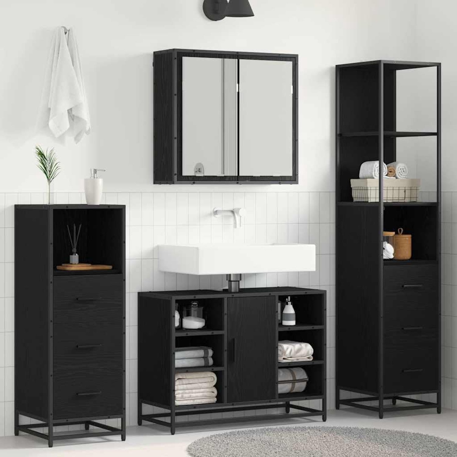 Badkamermeubelset 4 stuks zwart eiken look houtmateriaal
