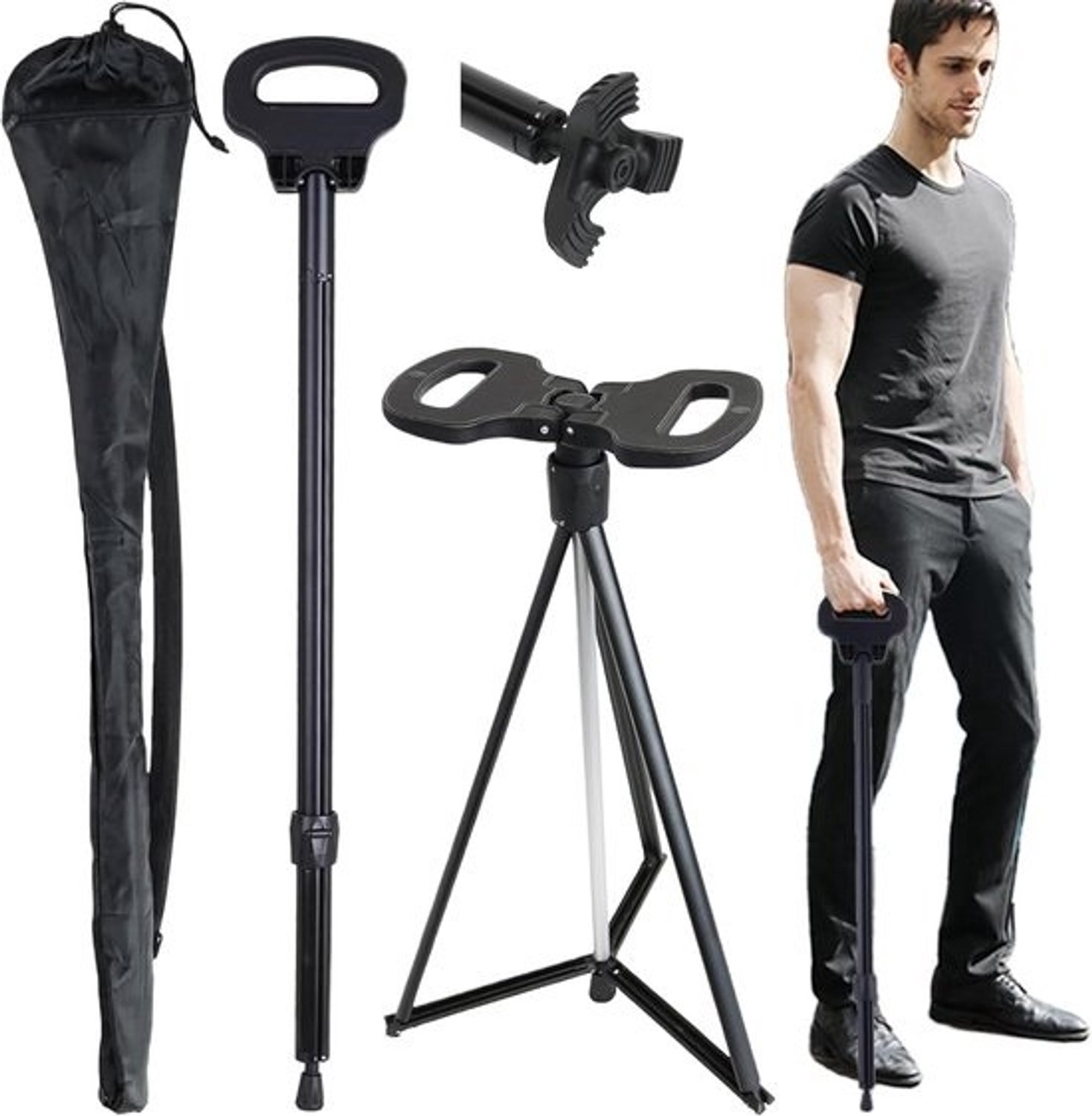 Wandelstok - met zitting - Opvouwbare stoel - Voor rustmomenten buiten - Draagvermogen: 200kg - 343 inch lengte - Zwart