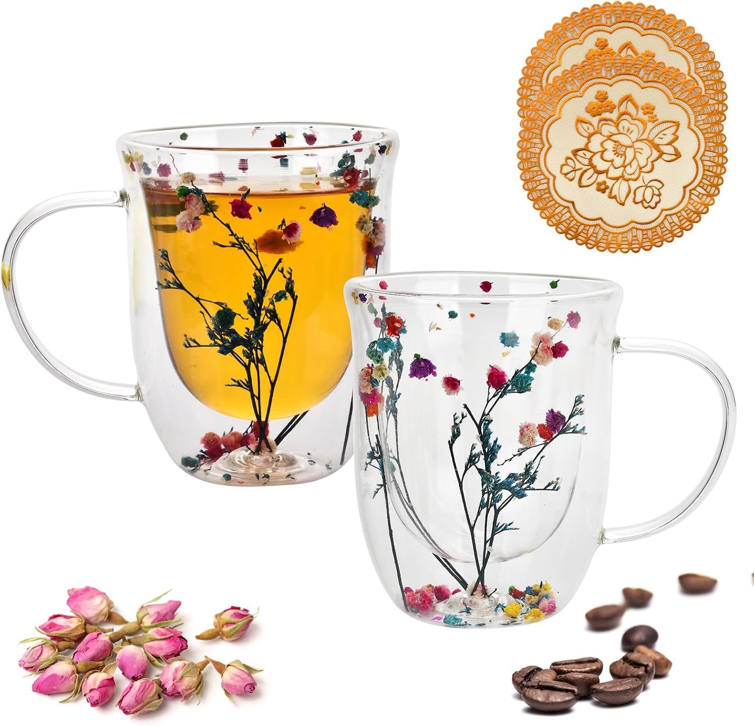 Gedroogde bloemen, set van 2, 320 ml dubbelwandig glas met handvat, droogbloemen, ornament glas voor koffie, thee, melk, feest (met mooie bekermat)