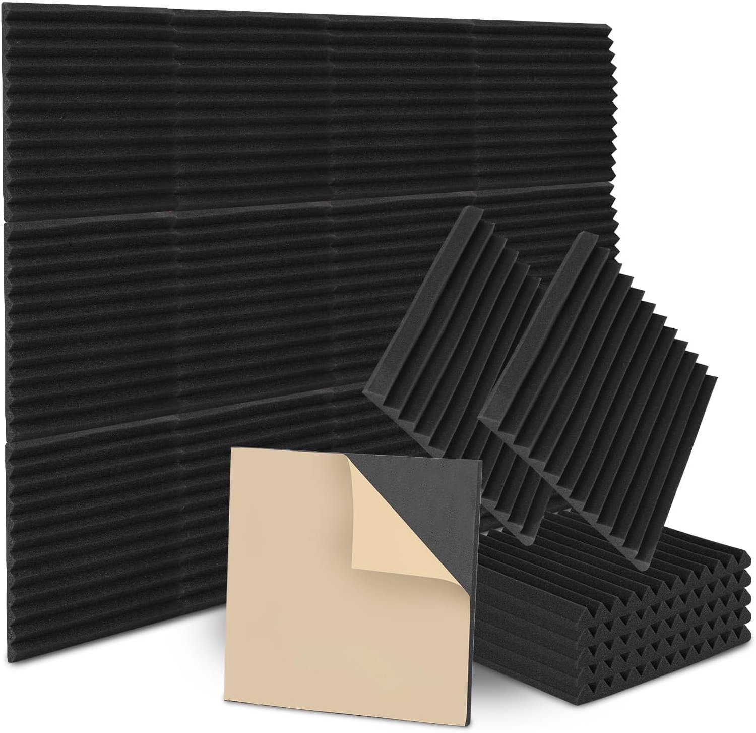 Schuim, 48 stuks, zelfklevend, 2,5 x 30 x 30 cm, geluidsisolatie, absorptie van echo's, geluidsisolatie voor huis en studio, gaming-decoratie, podcasts, zwarte wig