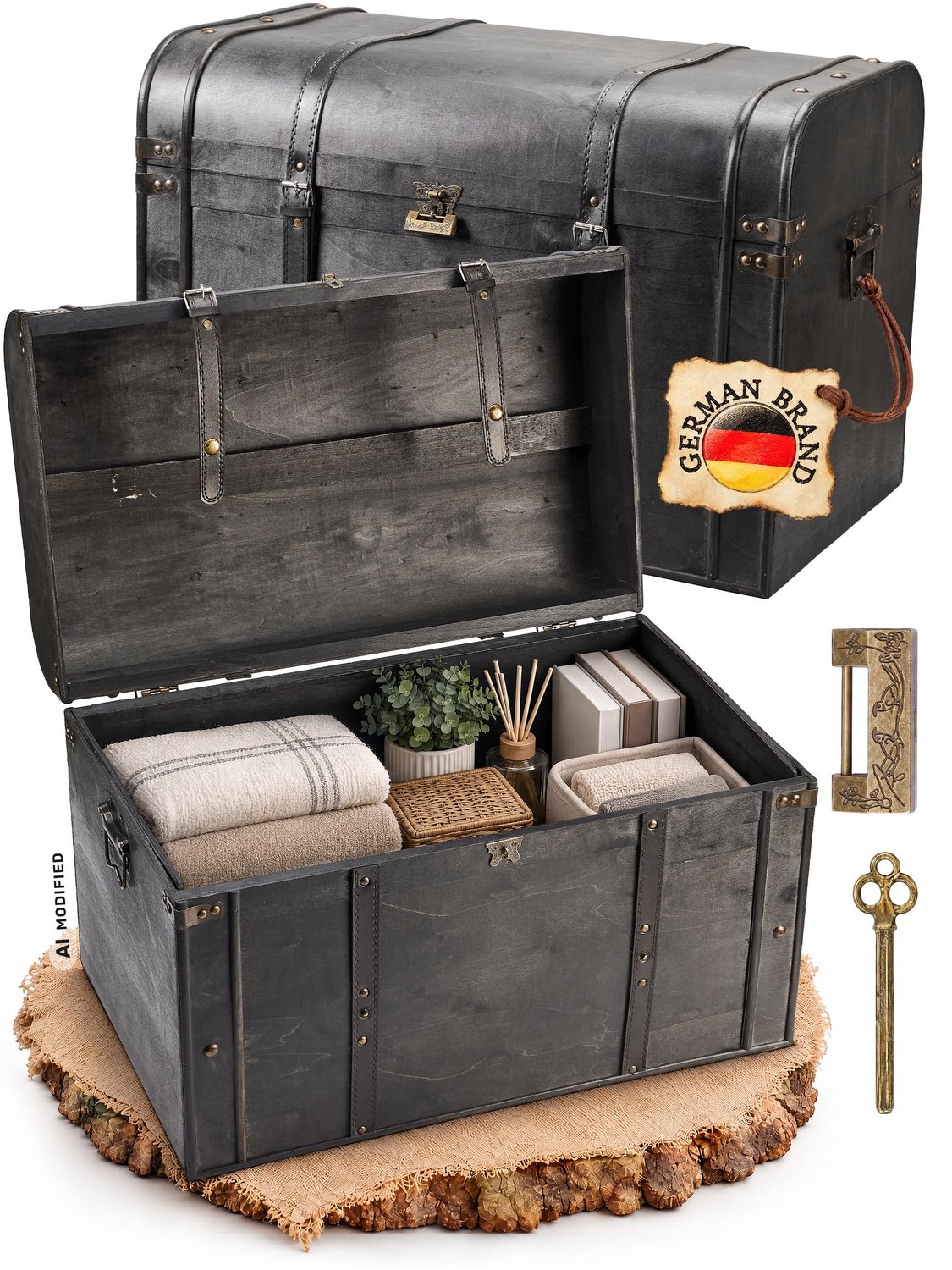 Kingpower houten schatkist, donkere stijl, met slot, schatkist, 60x37x40 cm