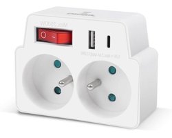 EXTRASTAR Wandstekkerdoos - Tweevoudige stekkeradapter met frontschakelaar - 2 wandcontactdozen en USB-poorten - Type C