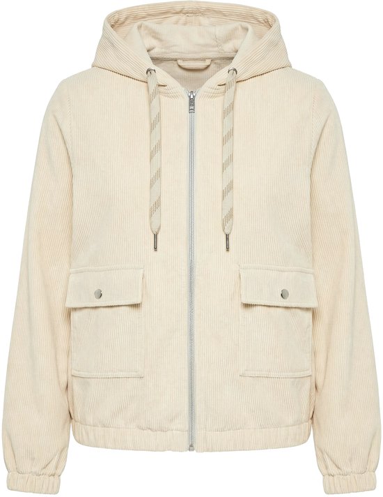 Beige corduroy jas met capuchon, ritssluiting, elastische mouwboorden en twee zakken met drukknoop.