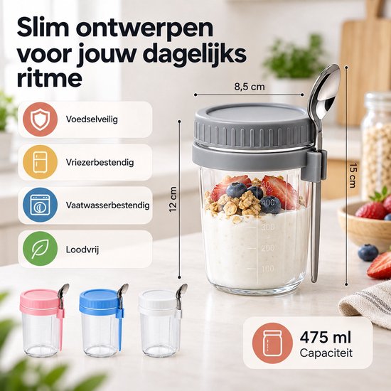 BOTC Overnight Oats Potjes - Voorraadpotten - Set van 4 met Lepels - 4x475ml - Glazen Potjes met deksels - Mason Jar — cadeau in Kookcadeaus - foto 6