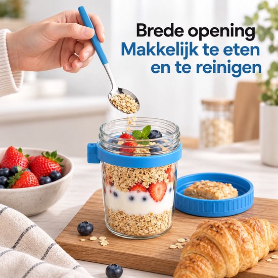 BOTC Overnight Oats Potjes - Voorraadpotten - Set van 4 met Lepels - 4x475ml - Glazen Potjes met deksels - Mason Jar — cadeau in Kookcadeaus - foto 7