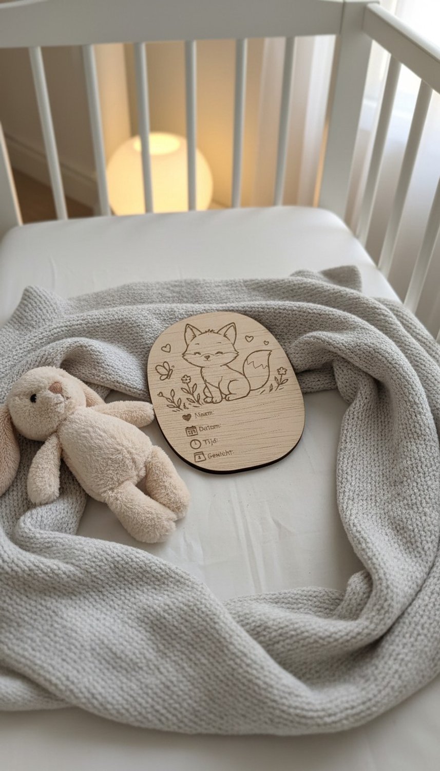 Geboorte Invulbordje Hout – Houten Geboortebordje Baby Vos – Naam, Datum, Tijd & Gewicht – Kraamcadeau — afbeelding 3