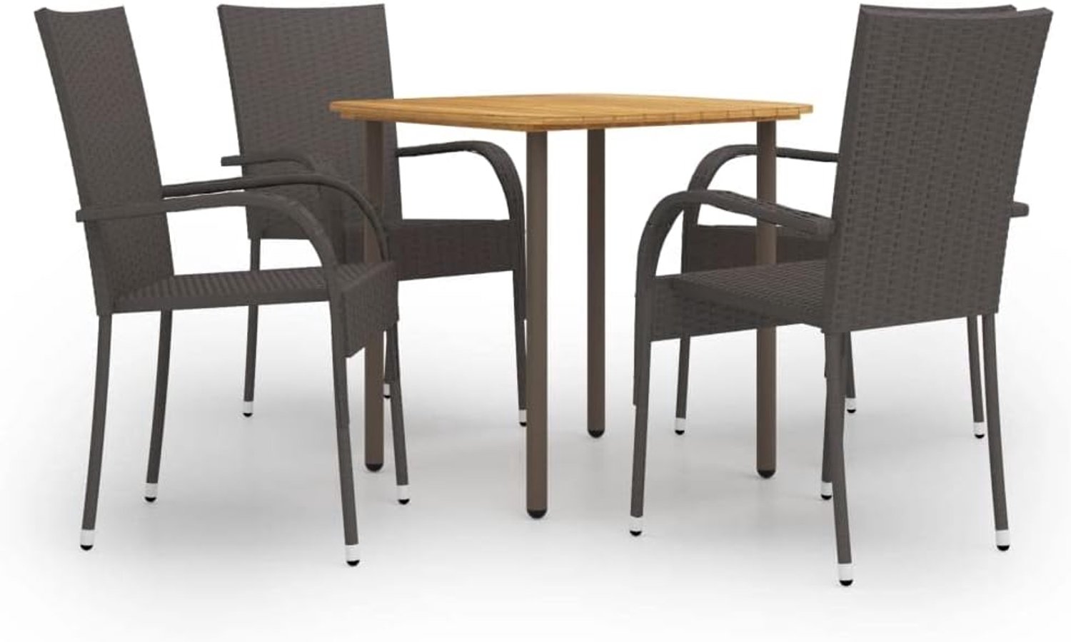 5-delige tuineettafel met eettafel van massief acaciahout en staal, 4 stoelen met PE-rotan vlechtwerk, stapelbaar, bruin, max. 110 kg per zitplaats