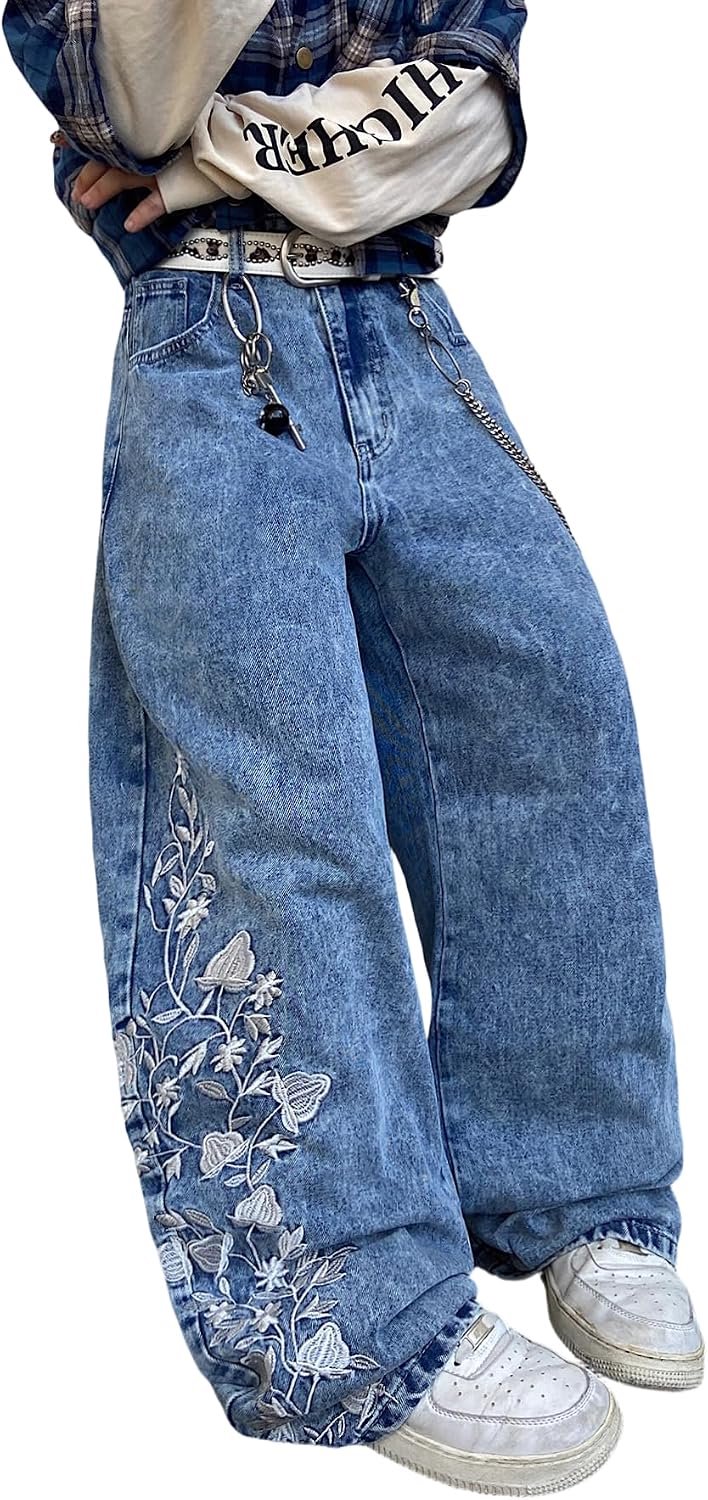 Jeans voor heren met bloemenborduurwerk, hiphop, stijlvolle wijde pijpen, denim broek, streetwear