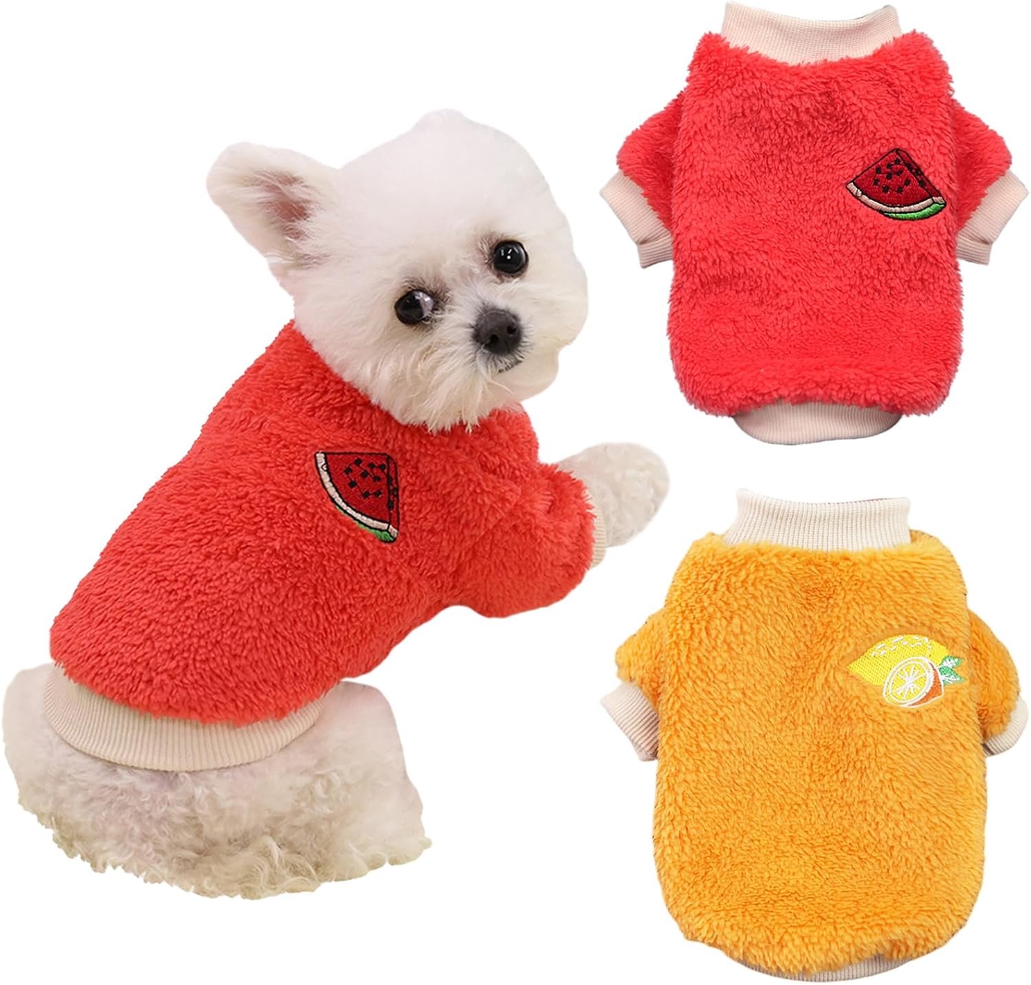 2 stuks kleine tot middelgrote hond winterkleding fleece coltrui jumpsuit schattig fruitprint kat outfit voor chihuahua yorkie teddy (oranje-rood, S)