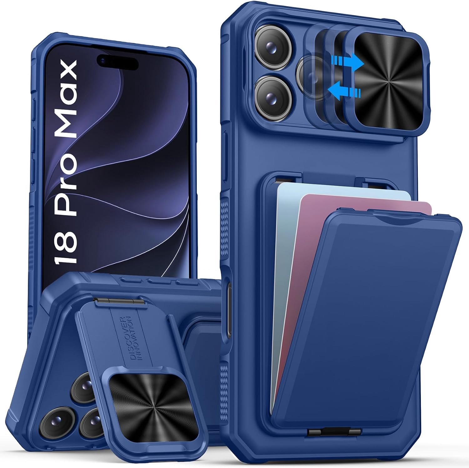 Zandarix Hoesje Geschikt voor Apple iPhone 18 Pro Max - Back Cover Hoesje - Schuifbare Cameralens bescherming - Militaire Valbescherming - Kaarthouders - Blauw