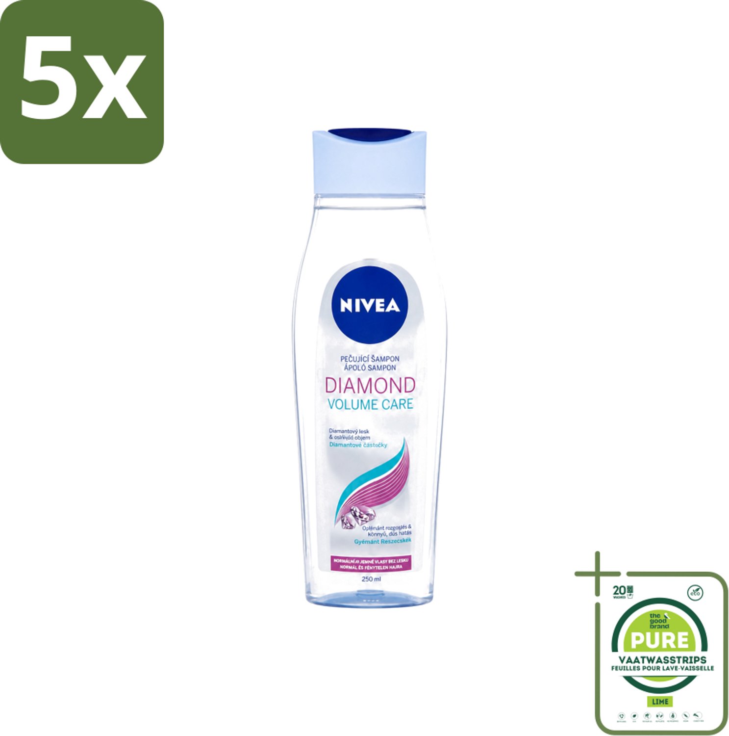 5 x Nivea - Diamond Volume Care Shampoo - 250 ml - Grootverpakking - Vaatwasstrips - Volume Haar - Glans Haar - Diamantpoeder - Verzorging Haar - Natuurlijke Glans