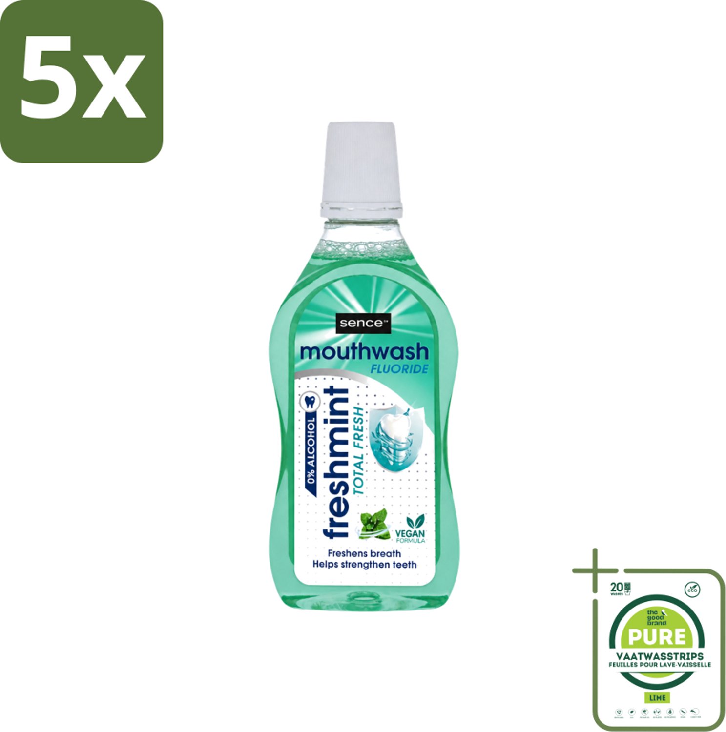 5 x Sence - Fresh Freshmint - Mondwater - Fris & Muntig - 500 ml - Grootverpakking - Vaatwasstrips - Mondwater - Mondverzorging - Frisse Adem - Tandplak - Mondgezondheid