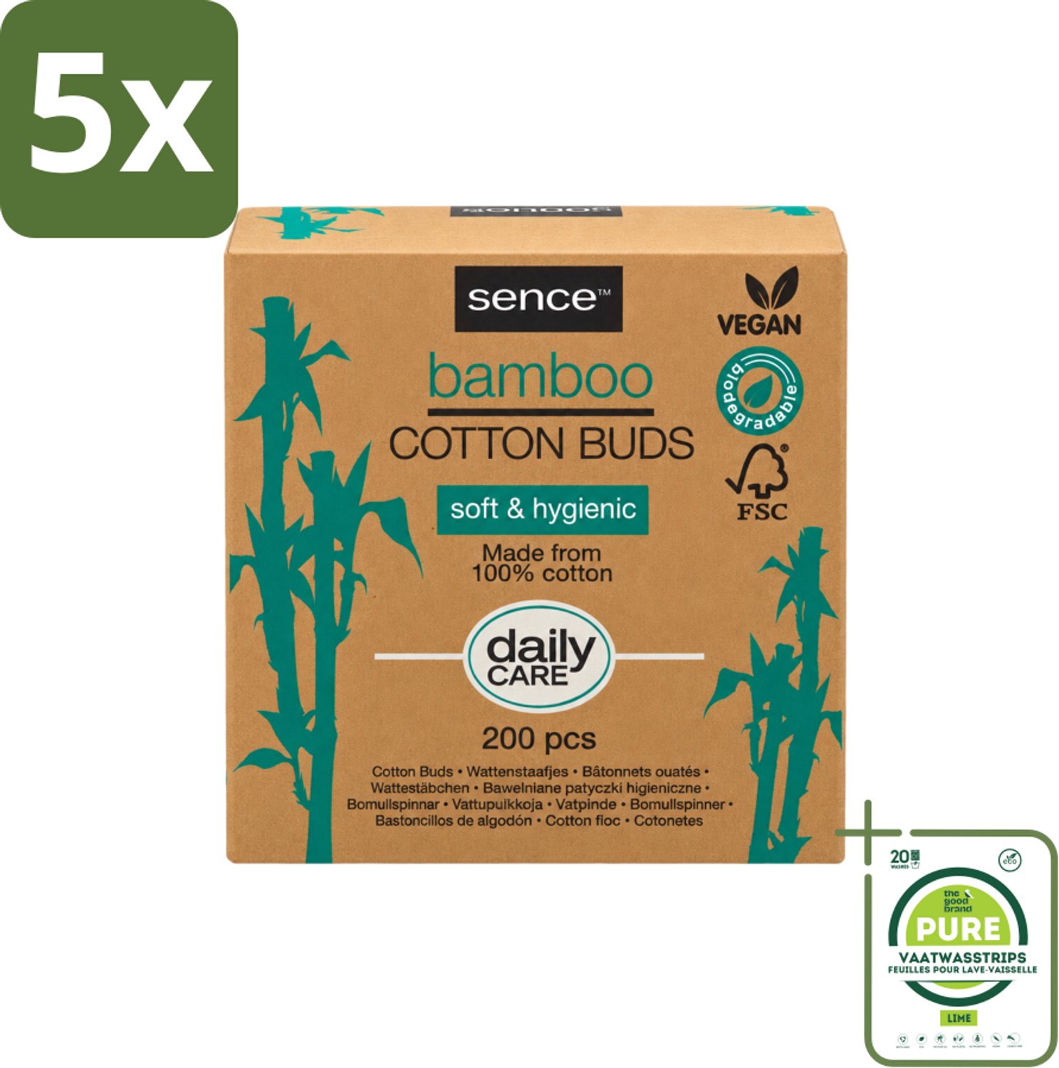 5 x Sence - Bamboe - Wattenstaafjes - Afbreekbaar & Vegan - 200 Wattenstaafjes - Grootverpakking - Vaatwasstrips - Bamboe Wattenstaafjes - Vegan Wattenstaafjes - Biologisch Afbreekbare Wattenstaafjes - Katoen Wattenstaafjes - Duurzame Verzorging
