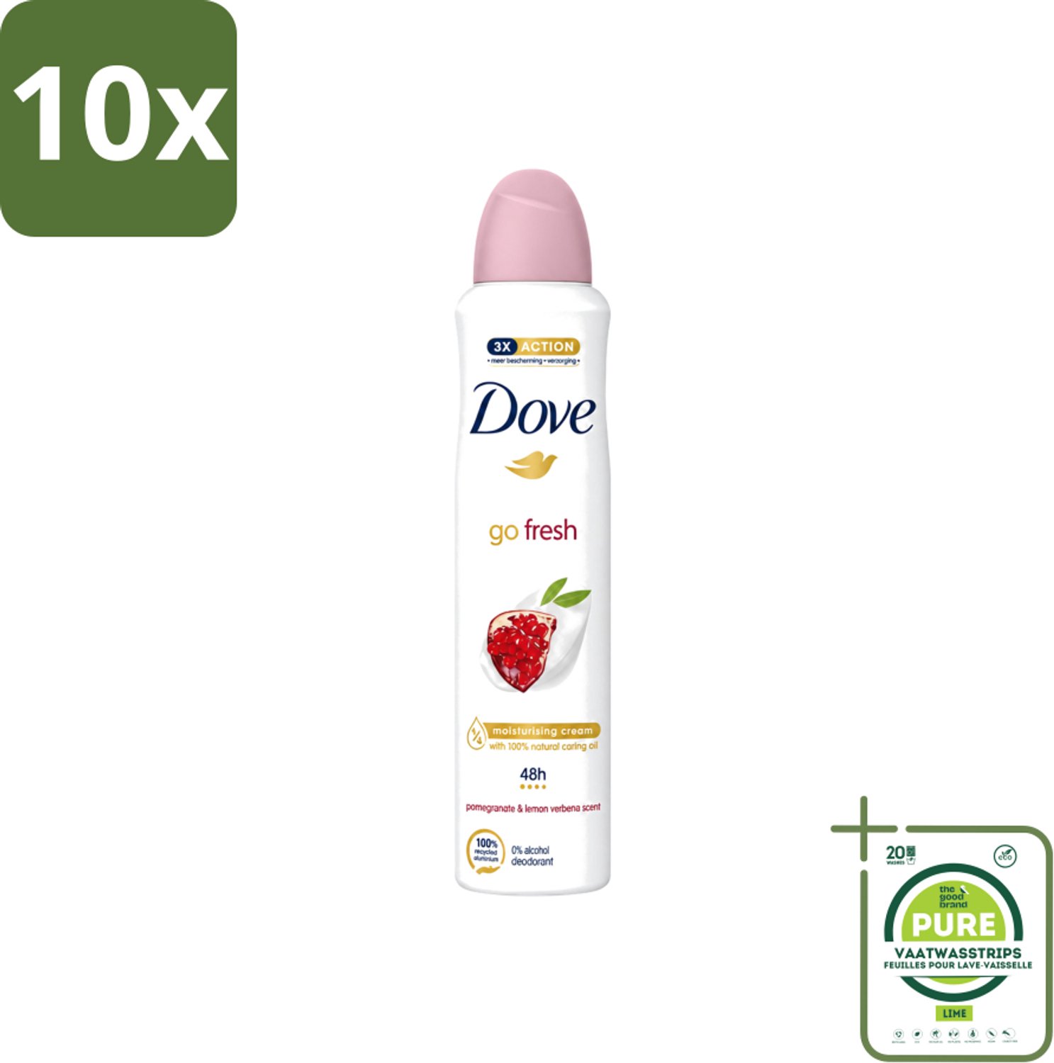10 x Dove - Deodorant - Spray Go Fresh - Granaatappel - Fruitige geur - 250 ml - Grootverpakking - Vaatwasstrips - Dove Deodorant Spray - Geurige Anti-transpirant - Frisheid - Fruitige Geur - Gevoelige Huid