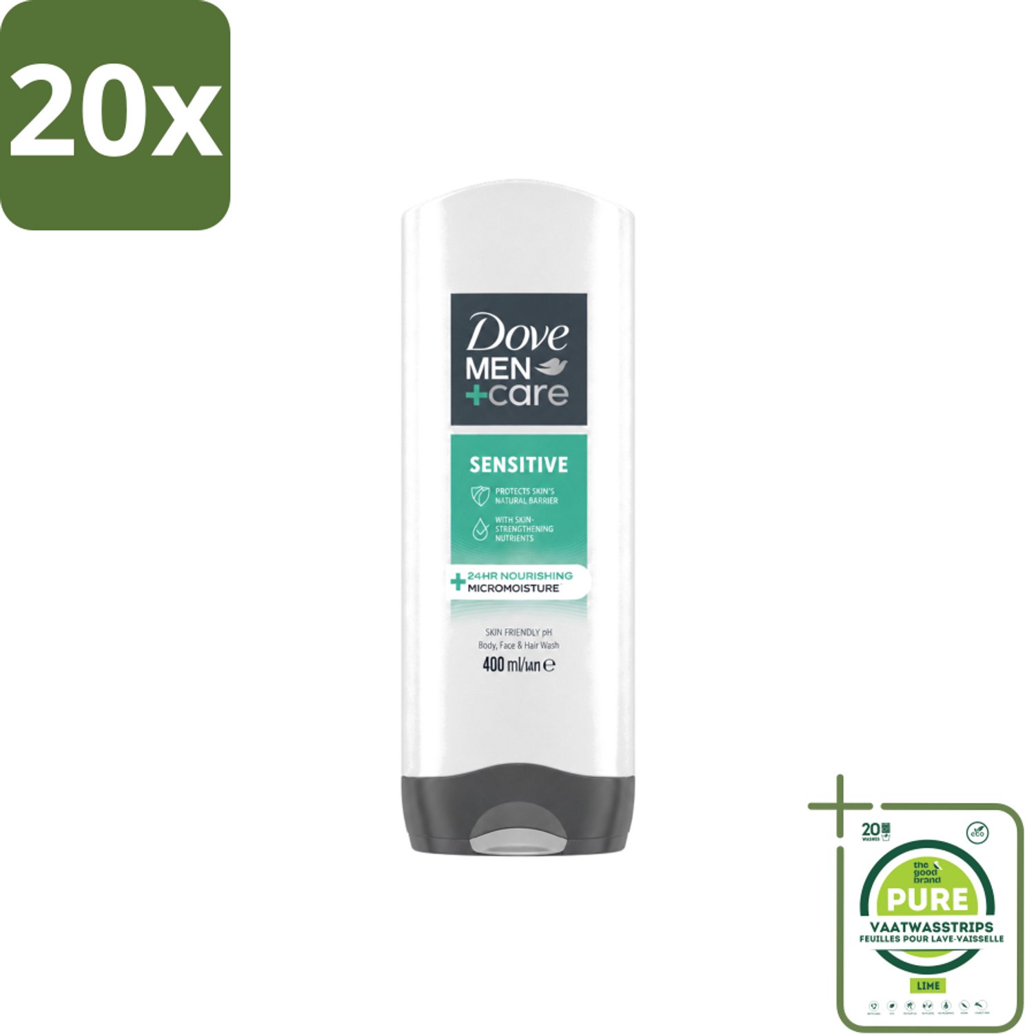 20 x Dove - Shower Gel - 3-in-1 - Men Care Sensitive - Verfrissend en zacht - 400 ml - Grootverpakking - Vaatwasstrips - Douchegel Voor Mannen - Gevoelige Huid - 3-in-1 Douchegel - Mannelijke Verzorging - Zachte Reiniging