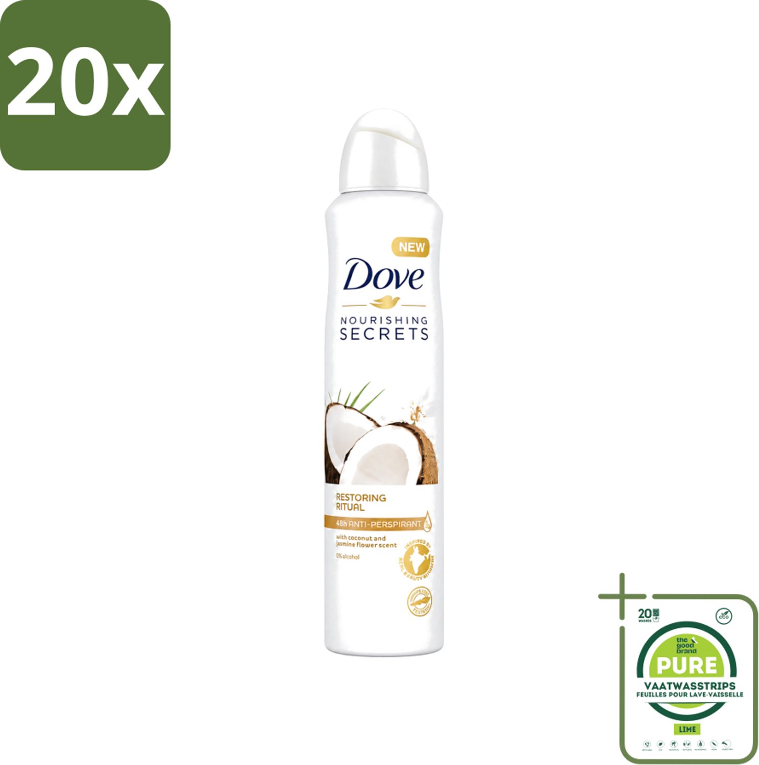 20 x Dove - Deodorant - Coconut & Jasmine Flower - Tropisch en verzorgend - 250 ml - Grootverpakking - Vaatwasstrips - Deodorant Spray - Kokos En Jasmijn - Zachte Oksels - Anti-transpirant Spray - Fris Gevoel