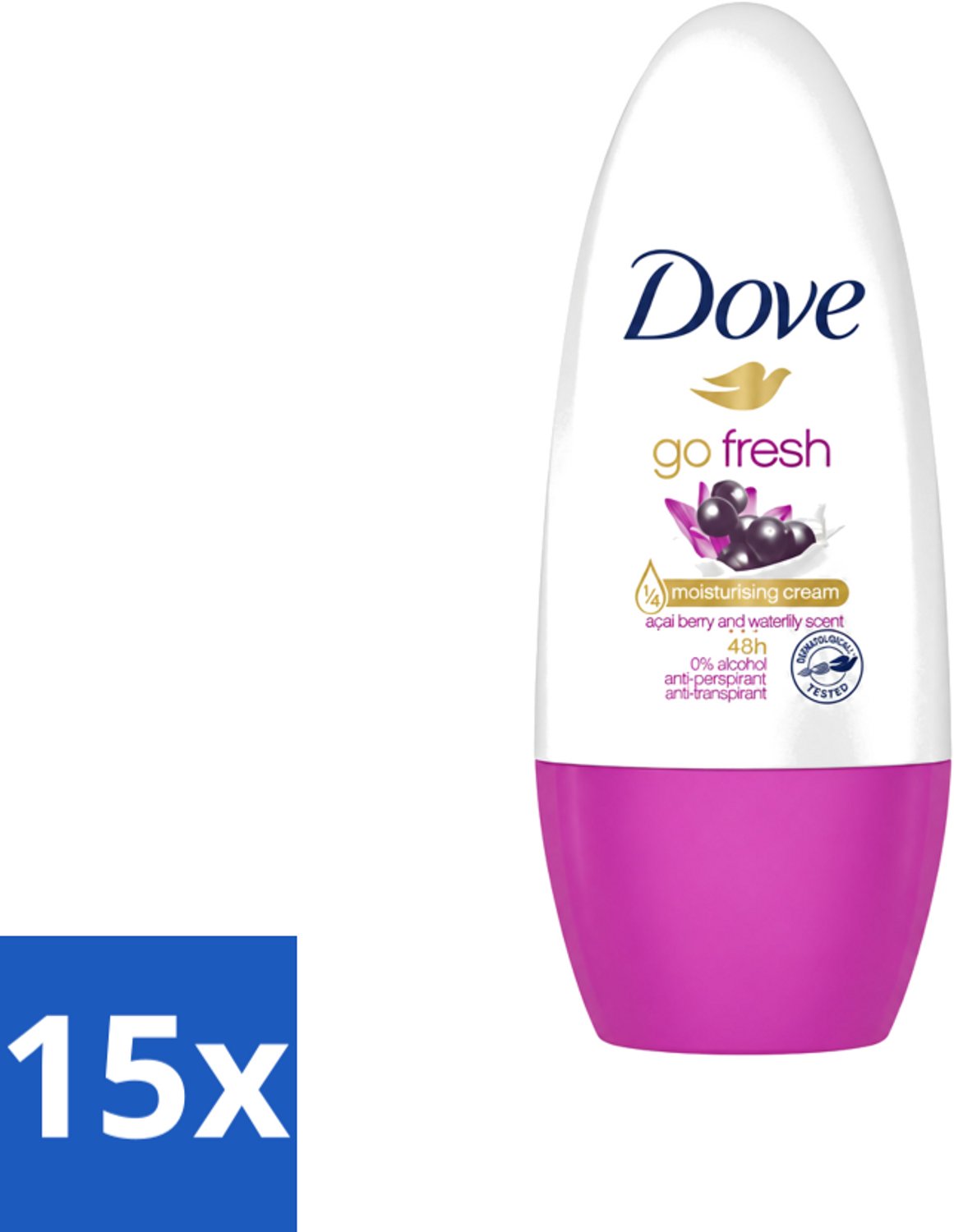 15 x Dove - Deodorant - Roller Go Fresh Acai Berry & Waterlily - Frisse geur - 50 ml - Voordeelverpakking - 15 stuks