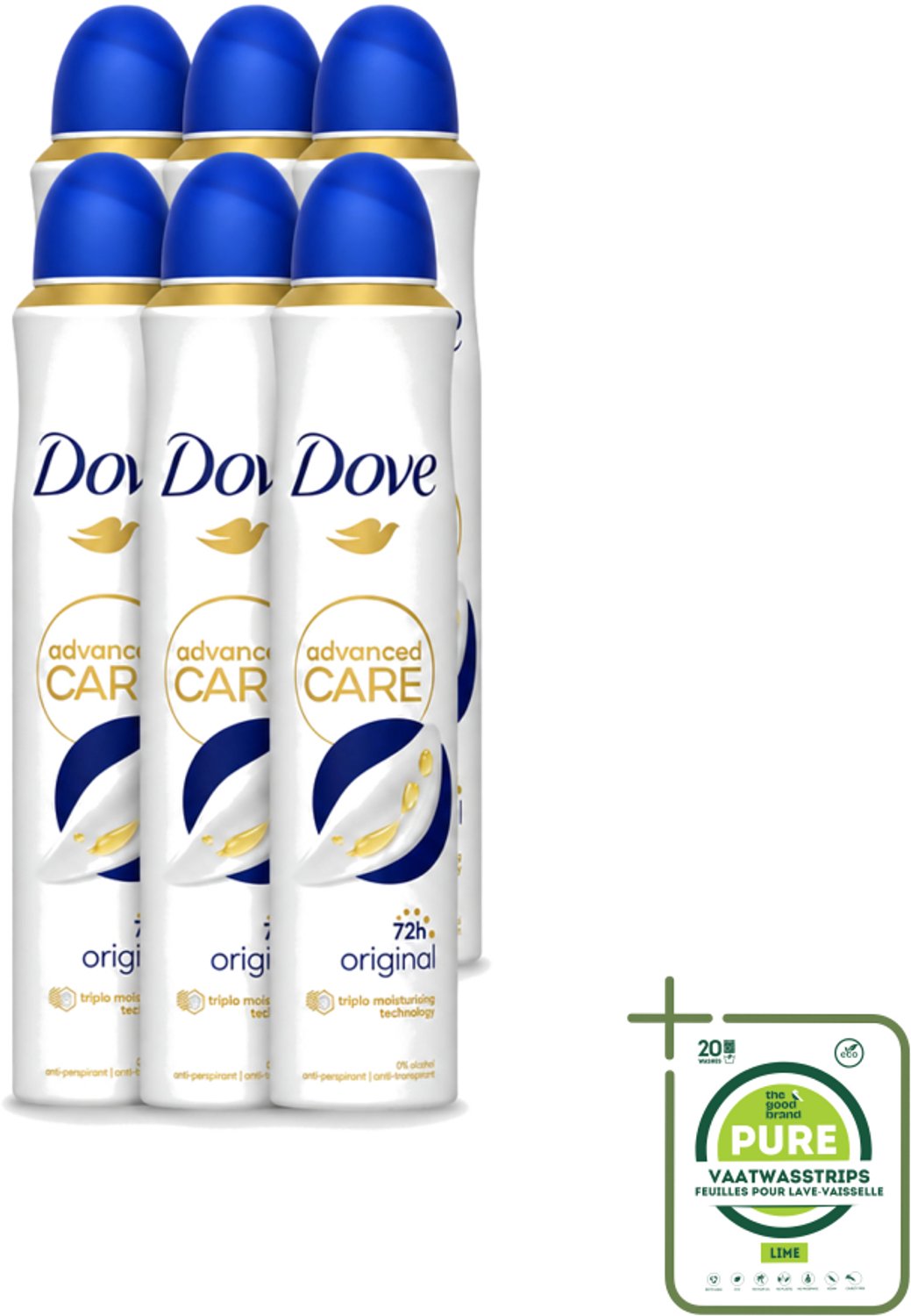 6 x Dove - Deodorant - Spray Advanced Care - Frisse en langdurige bescherming - 200 ml - Grootverpakking - Vaatwasstrips - Anti-transpirant Spray - Huidverzorging - Zweetvermindering - Geurvermindering - Scherenhuid
