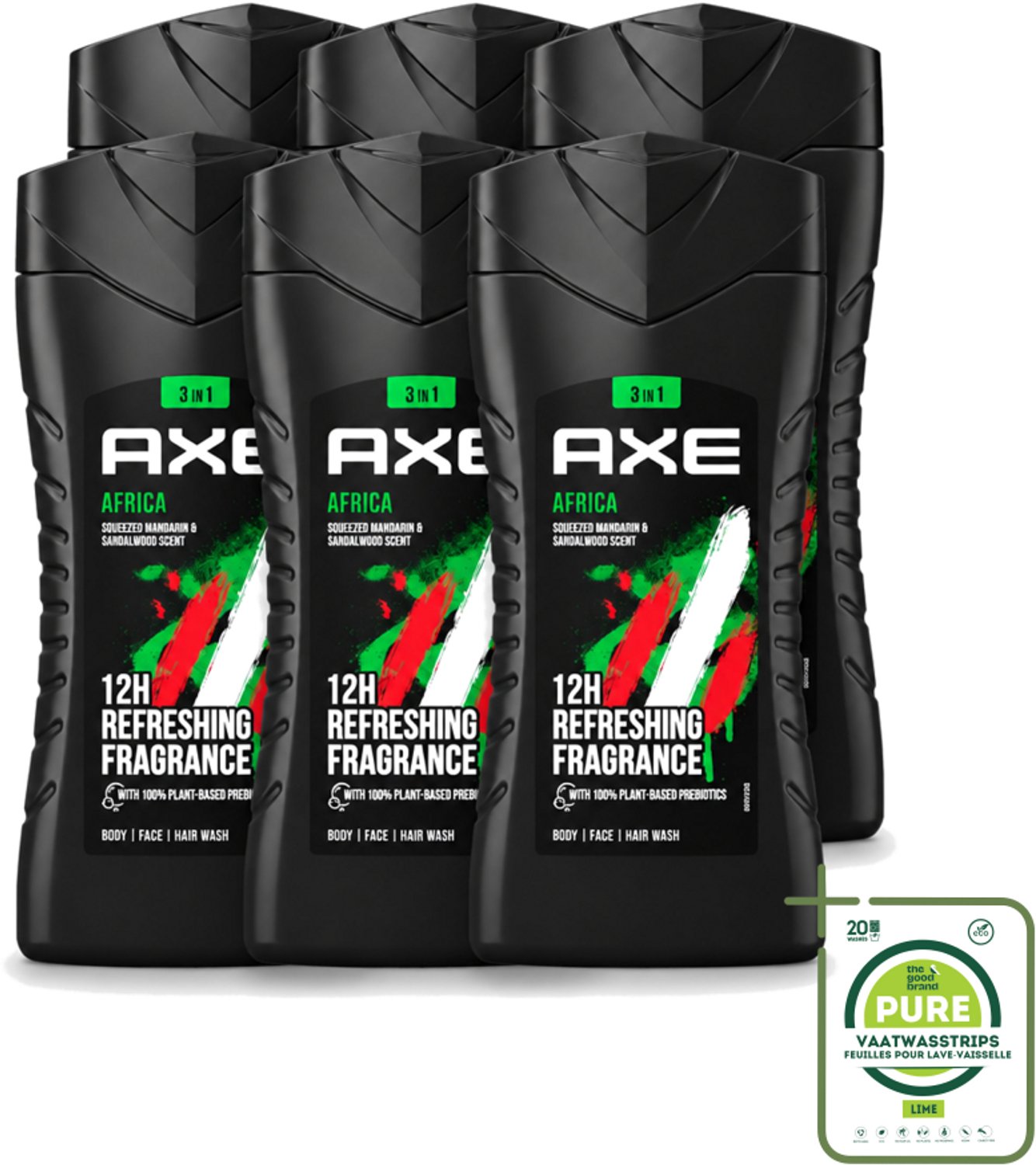6 x Axe - 3-in-1 Douchegel - Africa - Squeezed Mandarin & Sandalwood - 100% Plantaardig - 250 ml - Grootverpakking - Vaatwasstrips - Douchegel - Axa Africa - Prebiotica - Huidverzorging - Geur