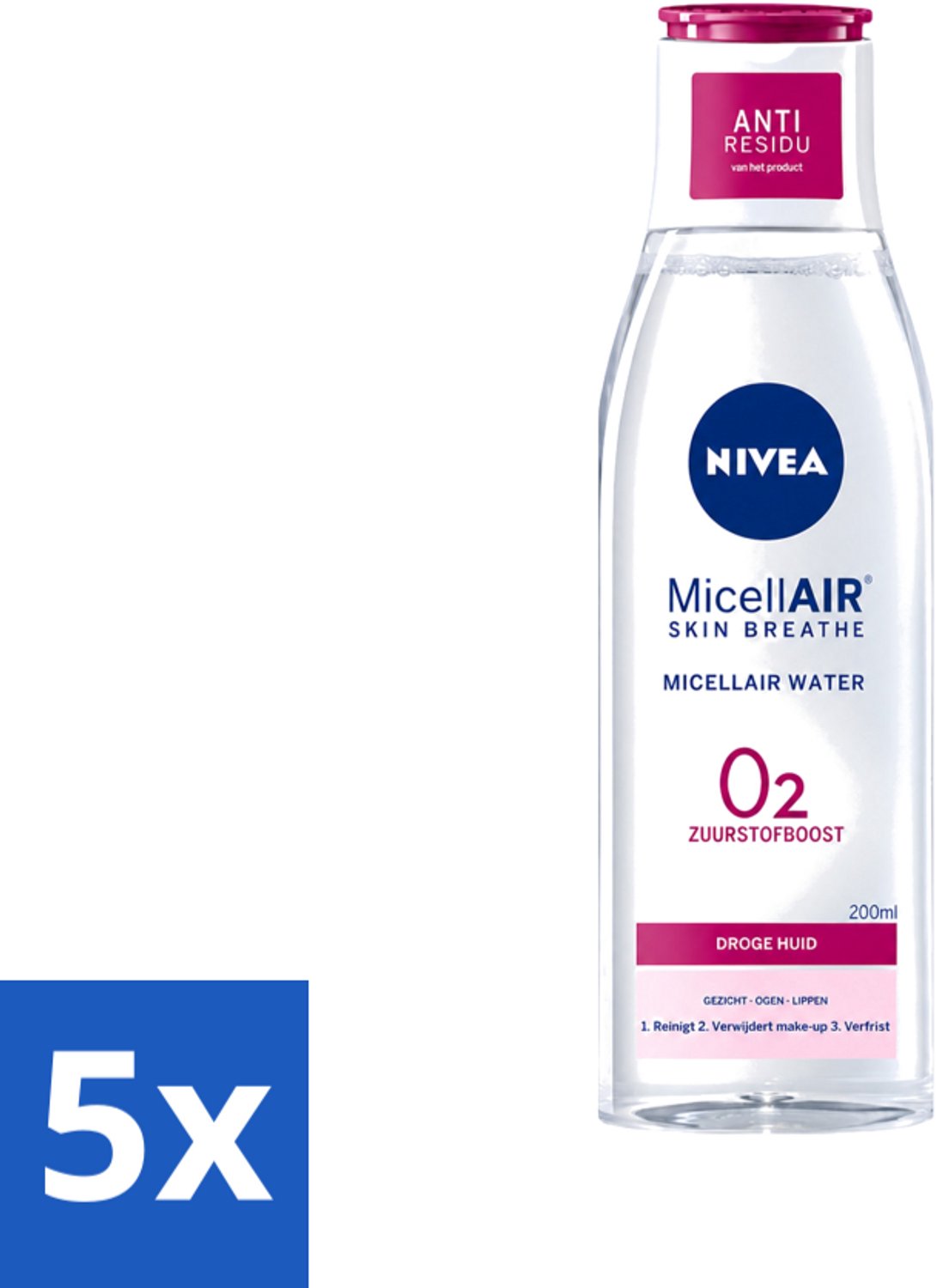 5 x Nivea - O2 Zuurstofboost Micellair Water - Droge Huid - 200 ml - Voordeelverpakking - 5 stuks