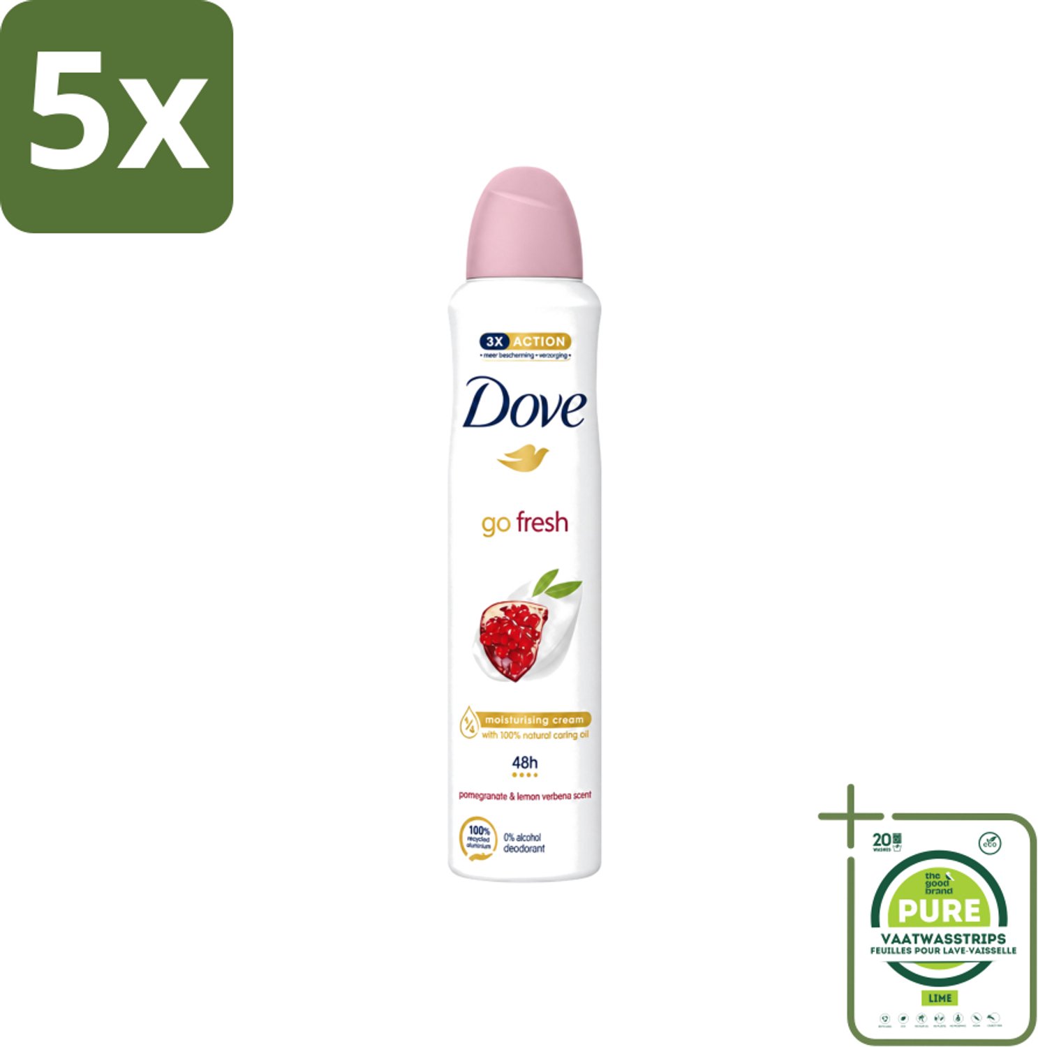 5 x Dove - Deodorant - Spray Go Fresh - Granaatappel - Fruitige geur - 250 ml - Grootverpakking - Vaatwasstrips - Dove Deodorant Spray - Geurige Anti-transpirant - Frisheid - Fruitige Geur - Gevoelige Huid