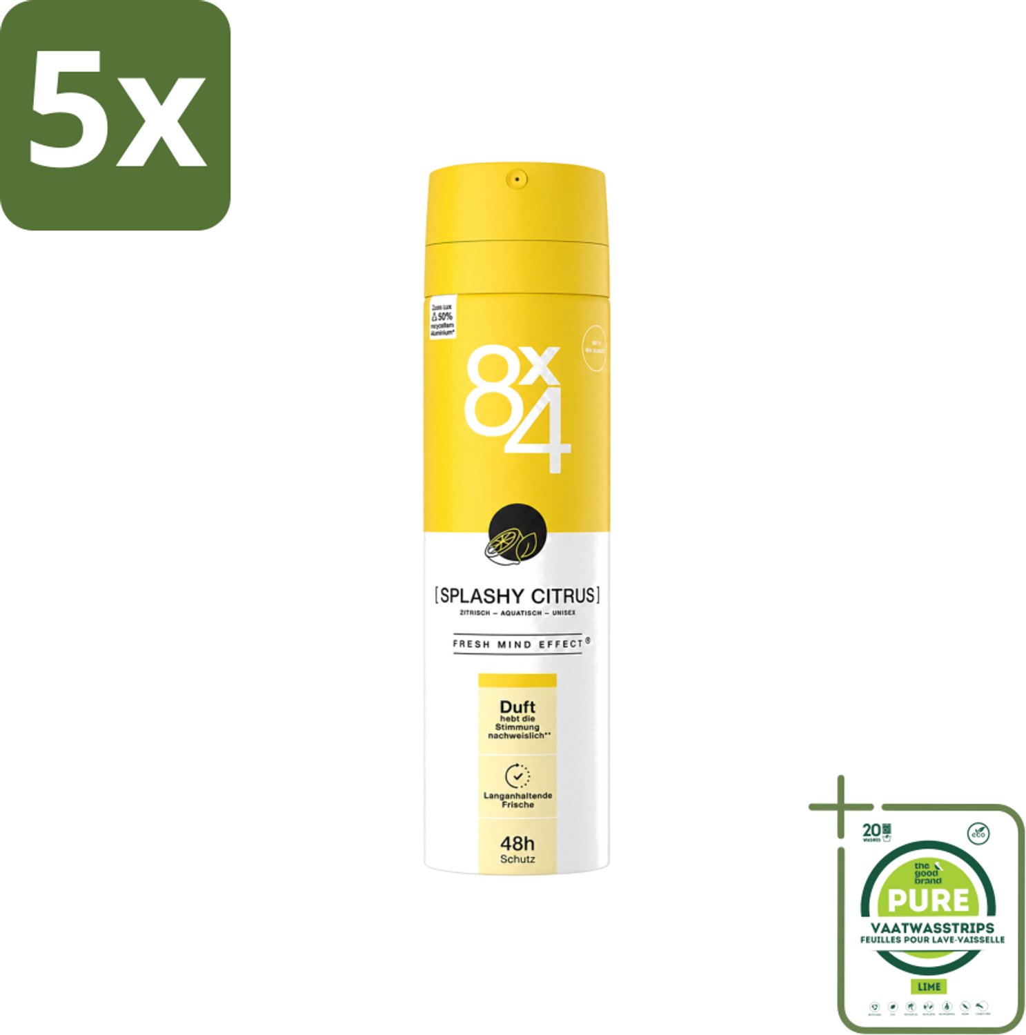 5 x 8 x 4 Deospray - Splashy Citrus - Deodorant - Citrusgeur - 150 ml - Grootverpakking - Vaatwasstrips - Citrusgeur - Deodorant - Citrus - Zweetvermindering - Frisheid
