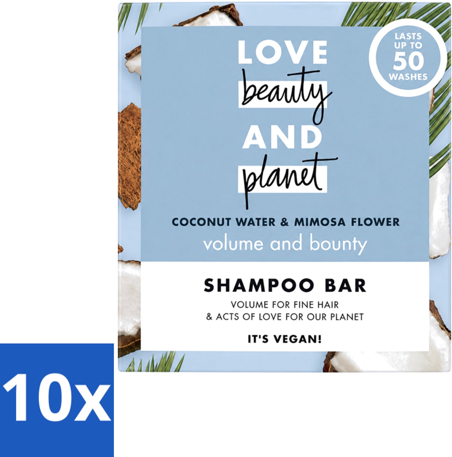 10 x Love Beauty and Planet - Shampoo Bar - Coconut Water & Mimosa Flower - Hydratatie & Volume - 90 g - Voordeelverpakking - 10 stuks
