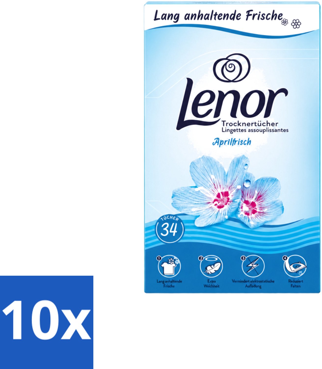 10 x Lenor - Droogtrommeldoekjes - Aprilfris - Textielverfrisser - 34 Doekjes - Voordeelverpakking - 10 stuks