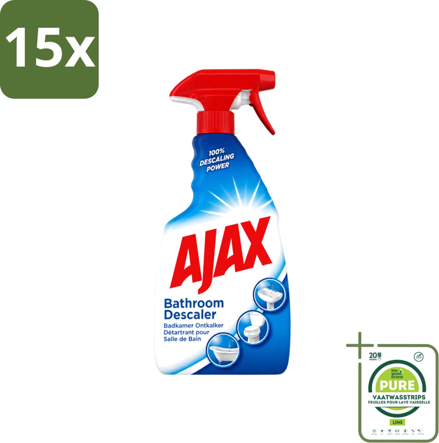 15 x Ajax - Badkamer Ontkalker Spray - Verwijdert Hardnekkig Kalk - 750 ml - Grootverpakking - Vaatwasstrips - Badkamer Ontkalker - Ontkalker Spray - Hardnekkig Vet Verwijderen - Kalkaanslag Voorkomen - Badkamer Reinigen
