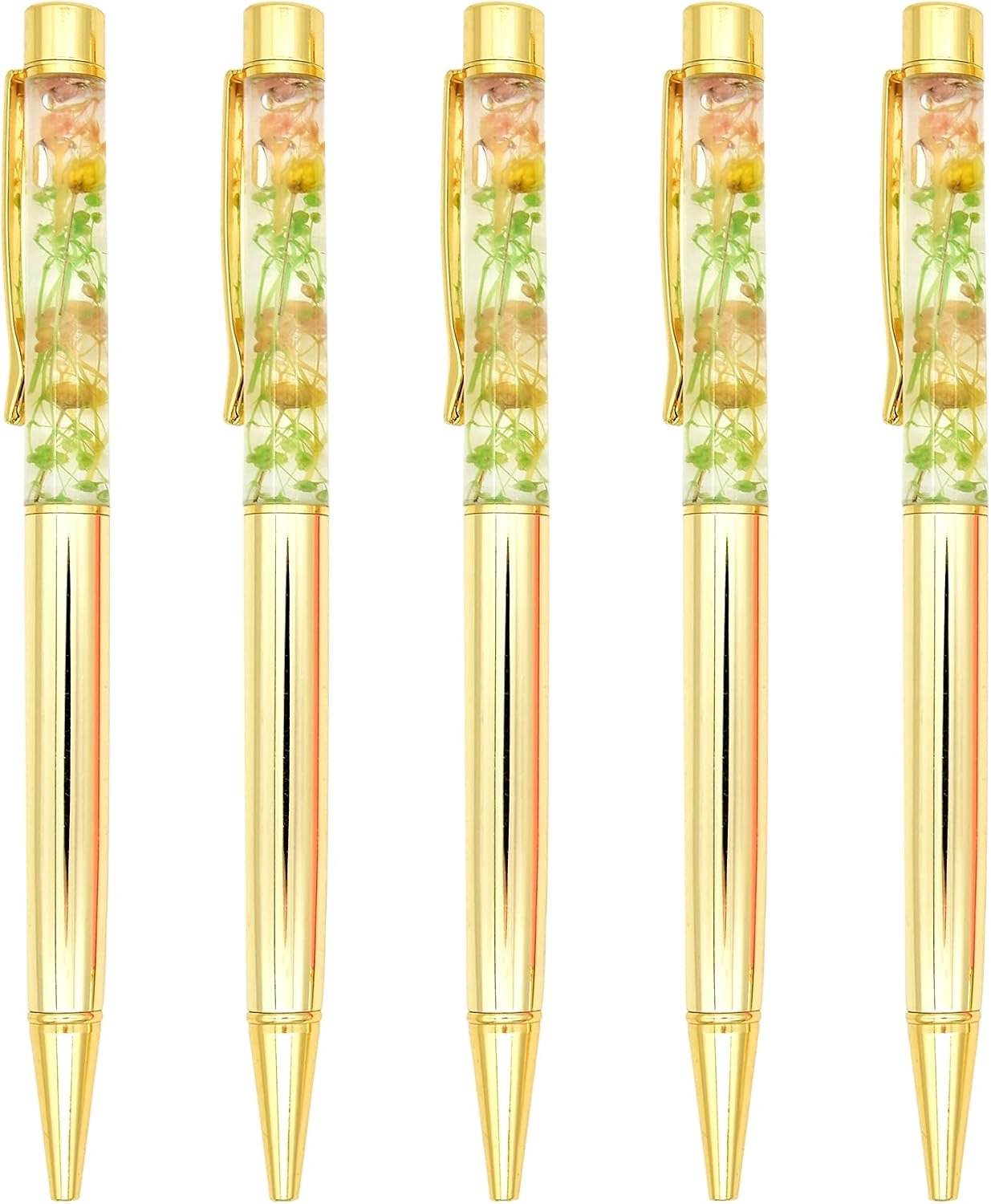 5 stuks vloeibare bloemen balpennen voor cadeau, fancy metalen unieke bloem set voor bureau accessoires, goud