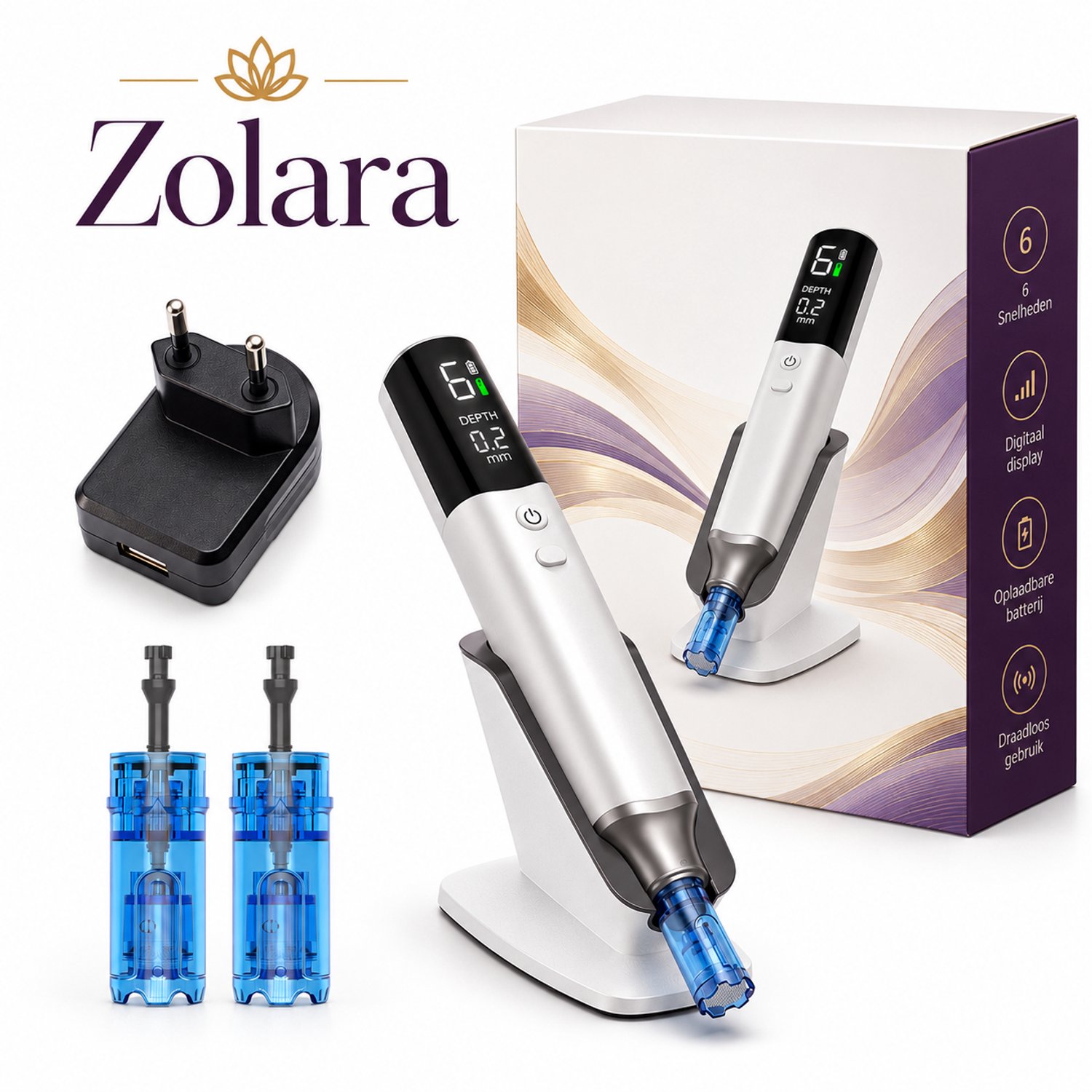Zolara Cosmetische Microneedling Pen M9 - Draadloze Derma Pen met 6 Snelheden, 0,25 mm Micronaald, LED Display en Oplaadbare Batterij - Elektrische huidverzorging