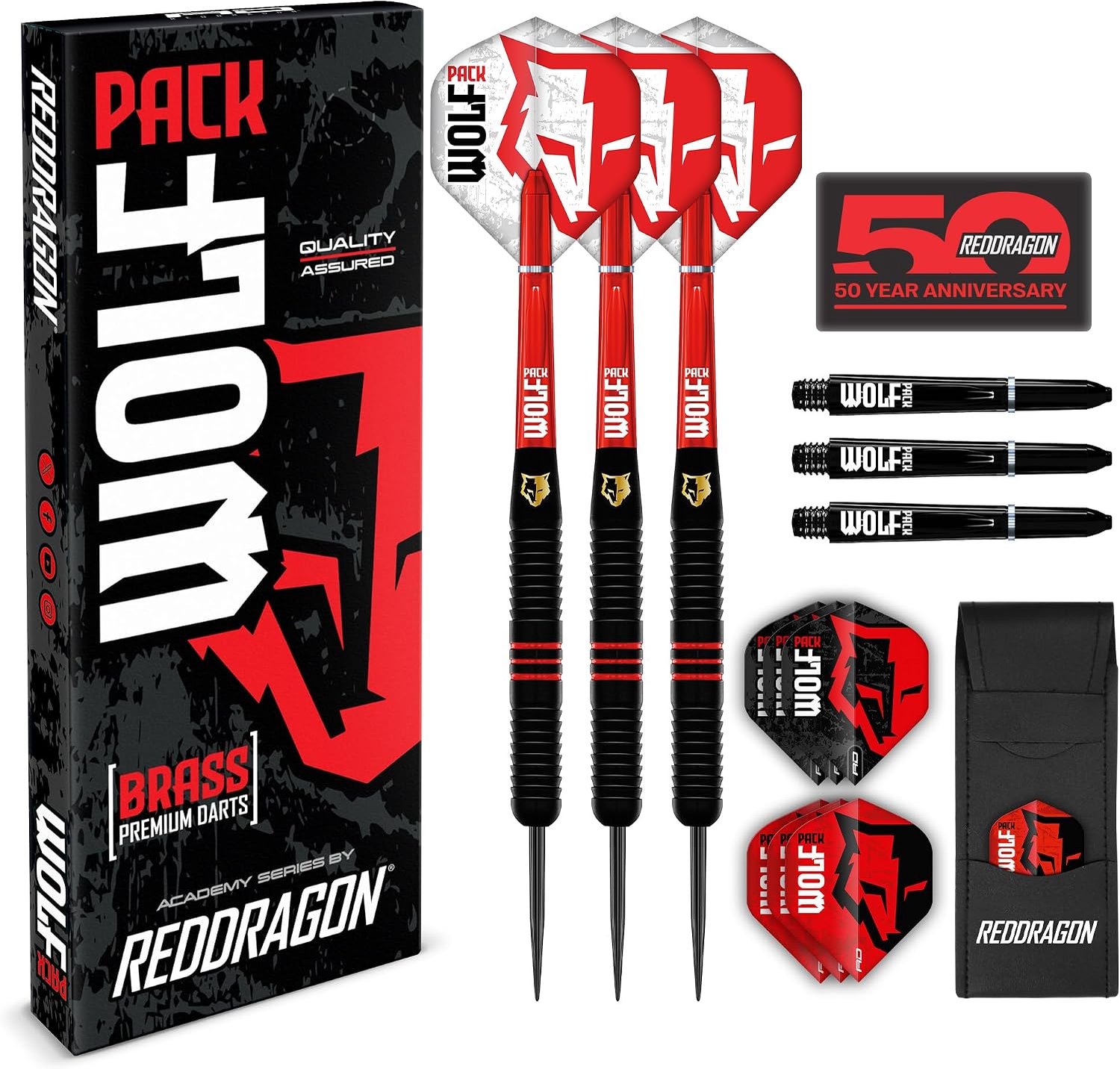 Red Dragon - 20g Wolf Pack Steeptip Brass Darts Set - Includes Flights, Shafts & Stems