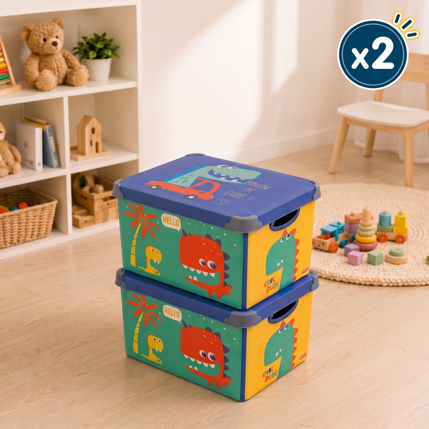 INDECOR Stapelbare Speelgoedbox met Handgrepen – 17 L Opbergbox Set van 2 met Deksel – Voor Bouwblokjes en Bouwstenen - Dinosaurusmotief