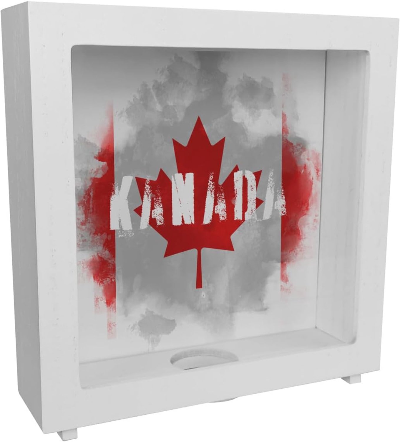 Spaarpot van hout met Canadese vlag in used look - spaarvarken voor vakantiegangers een mooie spaarpot versierd met de Canadese nationale vlag om op reis naar Canada