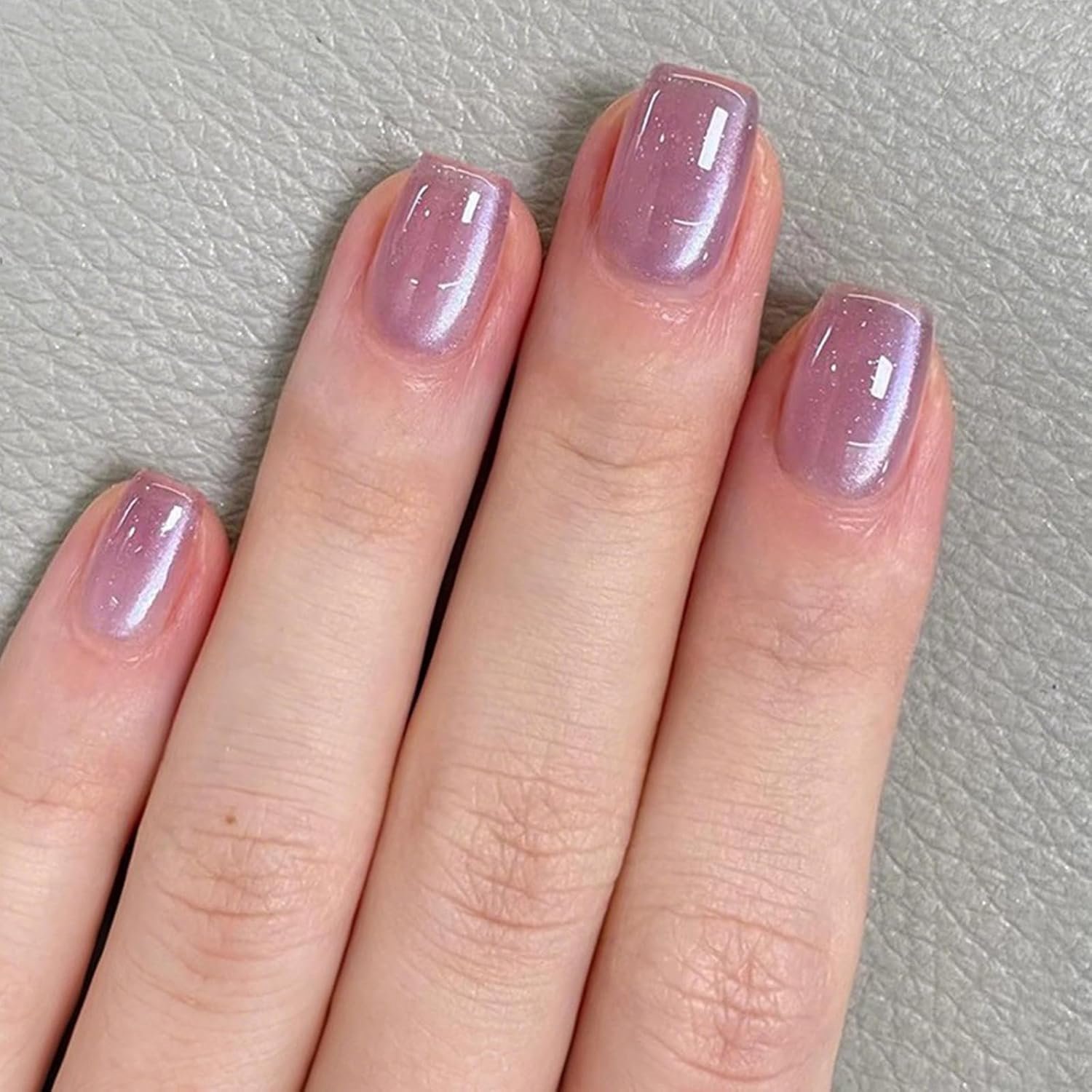 24 stuks French Tips Press-on nagels, kort vierkant, lichtpaarse kattenoog kunstnagels in 12 maten, kunstmatige glitter acryl nepnagelset met gelei-lijm, herbruikbare stick-on nagel voor vrouwen en