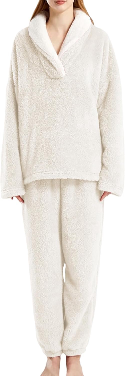 Pyjama voor dames, pluche, lange pyjamaset, winter, warm, wollig, huispak, knuffelige pyjama, voor vrouwen, winter, slaapkleding, EU XS-XL